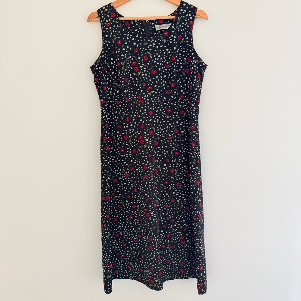 Vintage 90s Kathie Lee Black Floral Midi Dress 8